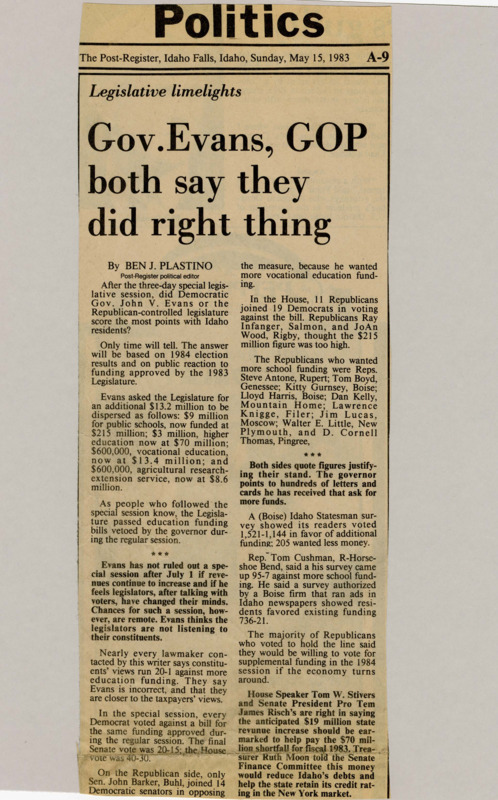 A newspaper article detailing the fight for education funding. Both the governor and legislature believe they are listening and representing constituents. Governor Evans is hoping to gather more grassroots support for education funding.