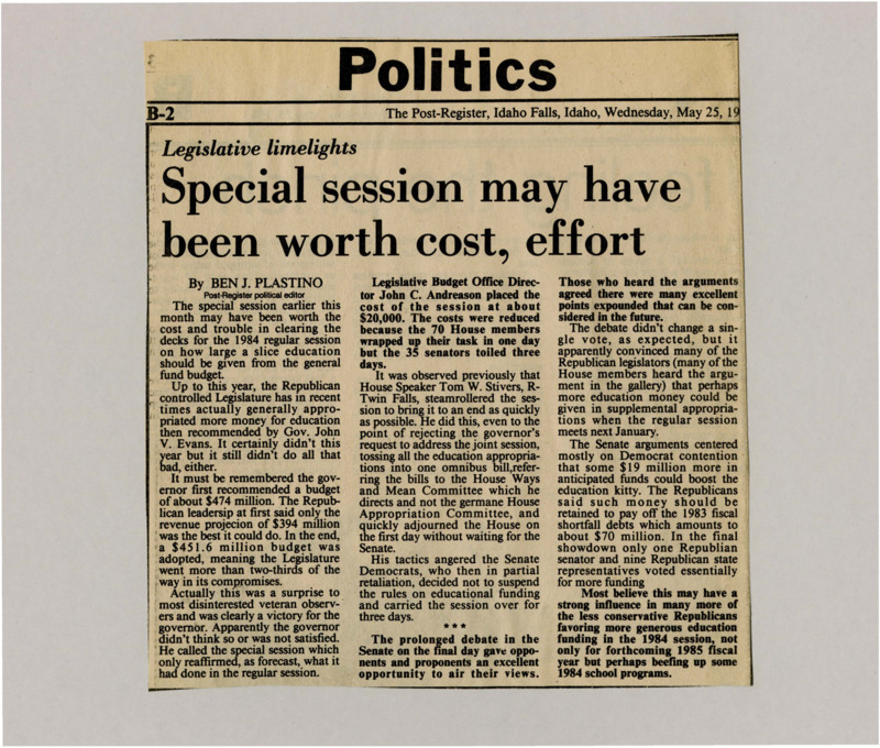 A newspaper article detailing the results of the 1984 budget special session. With a compromise for funding between the legislature and governor.