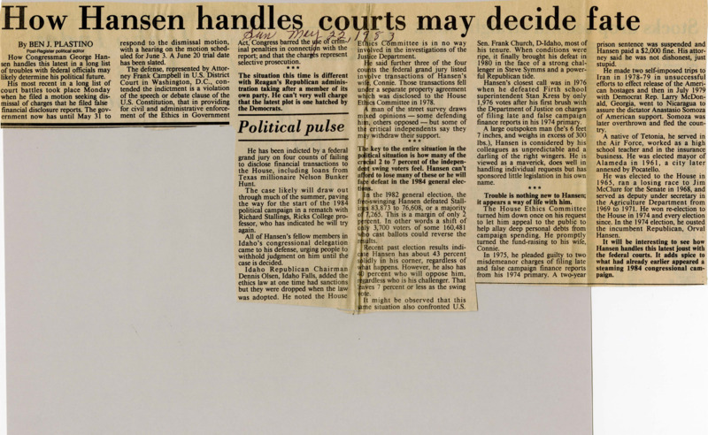 A newspaper article detailing the federal investigation and financial disclosure court case against Idaho Representative George Hansen. The article delves into the possible impact on his election dependent on the outcome of the court case.