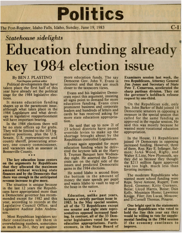 A newspaper article explaining the importance of education funding in the 1984 election with partisan battles over funding. Both sides of the debate believe they have the support of constituents which will be decided in the election.