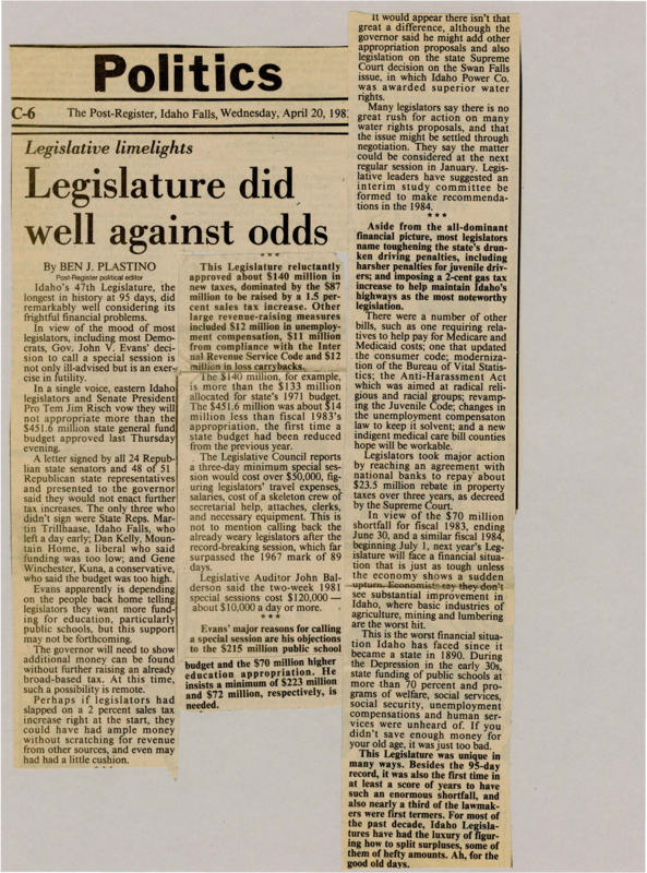 A newspaper article detailing the success of the 1983 session, the longest in history at that point and facing a large deficit. There's also details on the legislation passed such as new taxes.