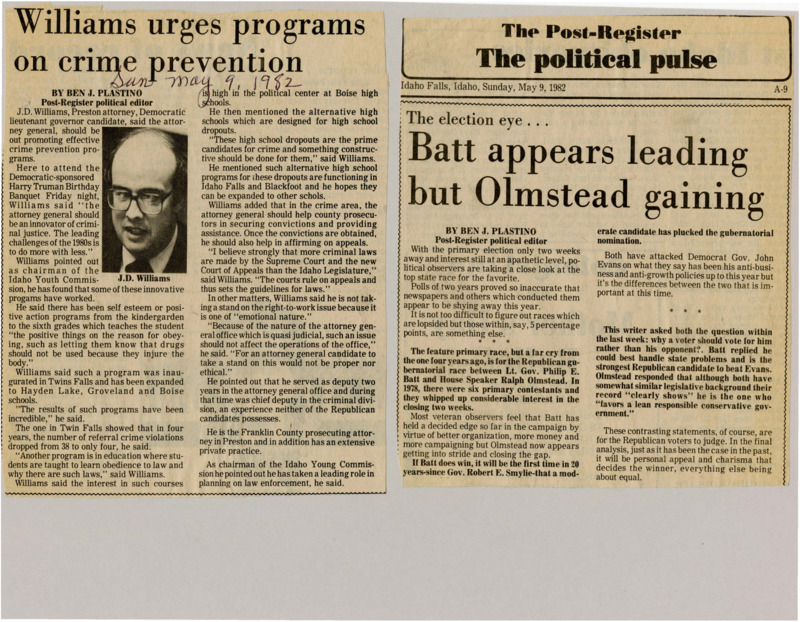 A newspaper article discusses Lt. Governor J.D. Williams continued support for youth crime prevention programs. He touts their success in both preventing crime and saving children from it. Image labeled "J.D. Williams."