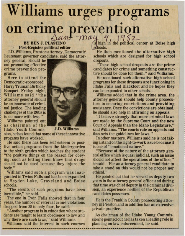 A newspaper article discusses Lt. Governor J.D. Williams continued support for youth crime prevention programs. He touts their success in both preventing crime and saving children from it. Image labeled "J.D. Williams."