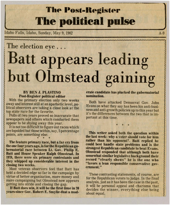 A newspaper article detailing the republican gubernatorial primary between Phillip Batt and Ralph Olmstead.