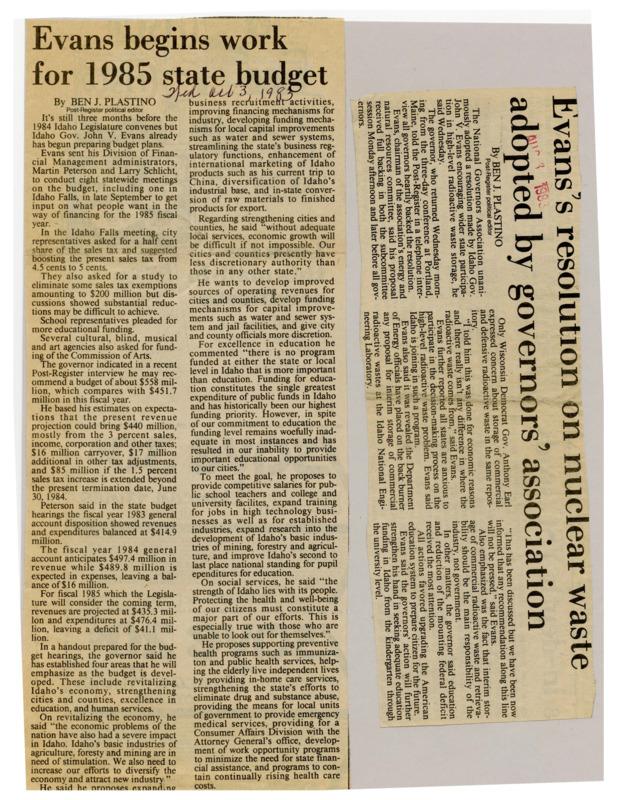 A newspaper article detailing the governors association's meeting about nuclear waste storage. Governor Evans' passed a resolution around nuclear waste, and also discussed matters of the federal deficit and education.