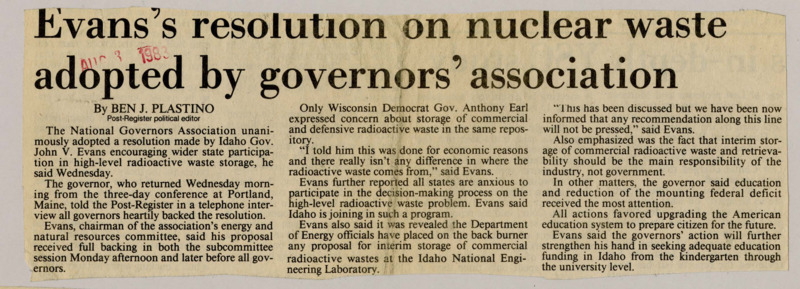 A newspaper article discussing Governor Evans' priorities and goals for the 1985 spending bill. He addresses taxation, public salaries, the economy, and health.