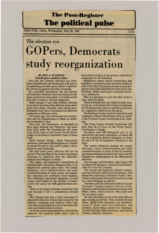 A newspaper article detailing the internal reorganization of the Idaho Democrat and Republican parties post primary but pre 1982 election. There's a humorous coincidence with both party conventions being held at the same place in the same week completely on accident.