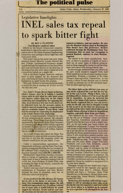 A newspaper article detailing the partisan fight over INEL contractor tax exemptions. With Governor Evans staying out of the bill until more figures are released, also considering the political impact of angering Eastern Idahoan voters.