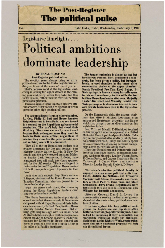 A newspaper article detailing the ambitions for higher office that most of Idaho leaders share. Leading to partisan fights and the need to perform well. The article notes that its common every election year, however, it was worse this year.