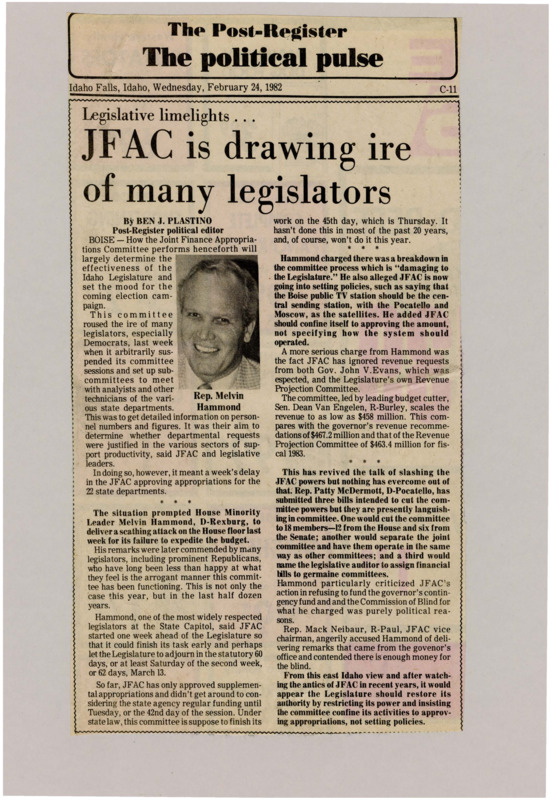 A newspaper article describing the anger building in the legislature at JFAC. JFAC's actions have been rather prolific and movements within the Idaho congress to restrict their powers have been proposed. Plastino says he agrees that JFAC has overstretched on the legislatures power. Image labeled "Rep. Melvin Hammond."