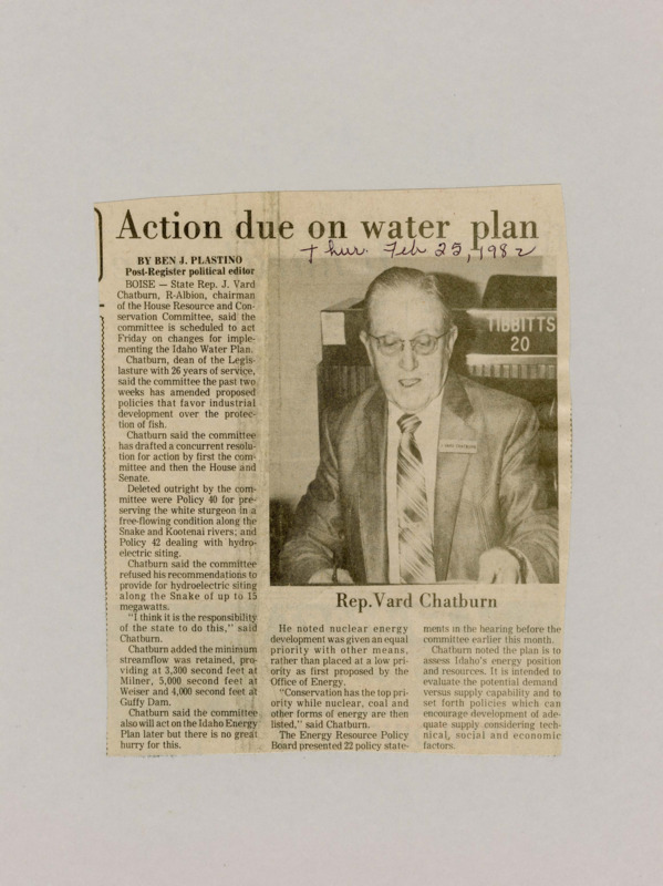 A newspaper article detailing the creation of the new Idaho water management plan. The creator of the plan Rep. J. Vard Chatburn said his priorities were conservation, and energy production. Image labeled "Rep. Yard Chatburn."
