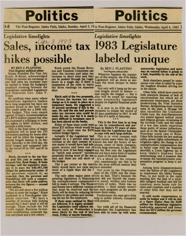 A newspaper article detailing a fight between the Republican legislature and Governor Evans over the 1984 budget. A compromise is needed with a likely sales tax increase to see shore up funding.