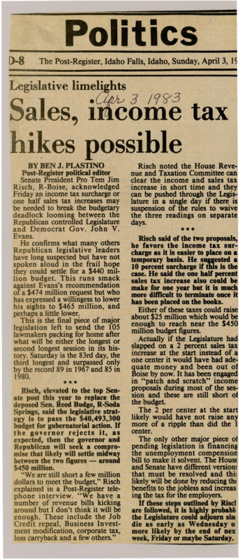 A newspaper article detailing a fight between the Republican legislature and Governor Evans over the 1984 budget. A compromise is needed with a likely sales tax increase to see shore up funding.