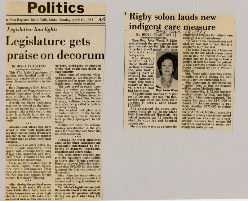 A newspaper article discussing the surprising lack of unprofessional behavior in the Idaho senate with relatively few personal attacks or accusations.