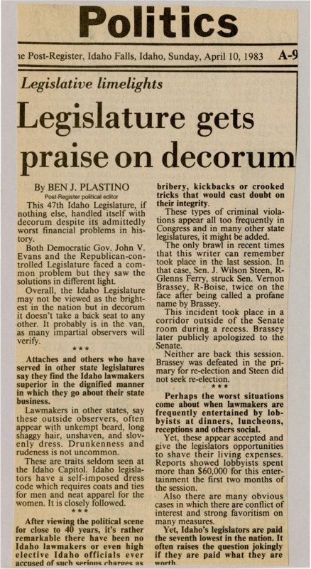 A newspaper article discussing the surprising lack of unprofessional behavior in the Idaho senate with relatively few personal attacks or accusations.