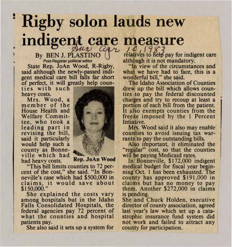 A newspaper article detailing Rep JoAn Woods support for reforming indigent care funding. With more funding given to counties to ensure financial solvency and shifting more costs to medicaid. Image labeled "Rep JoAn Wood."