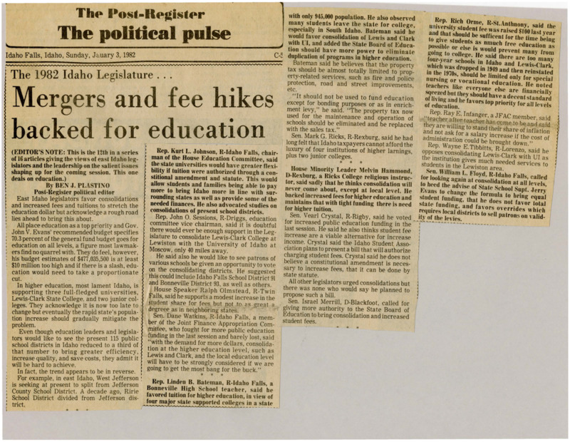 A newspaper article detailing the fight for merging school districts and raising tuition rates to support the three higher education institutions. There's also discussions on school levies and teacher salaries.