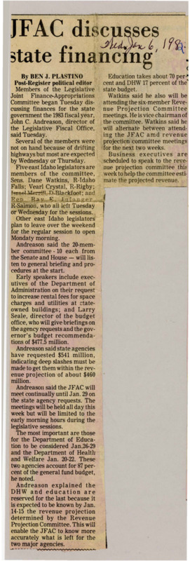 A newspaper article detailing JFACs meeting with several organizations. There is discussion of revenue projecting and budget recommendations.