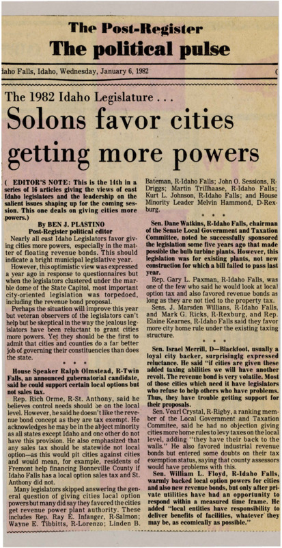 A newspaper article detailing Eastern Idahoan legislators views on giving more options to municipalities. Most agreed but some key disagreements about the right to levy sales tax.