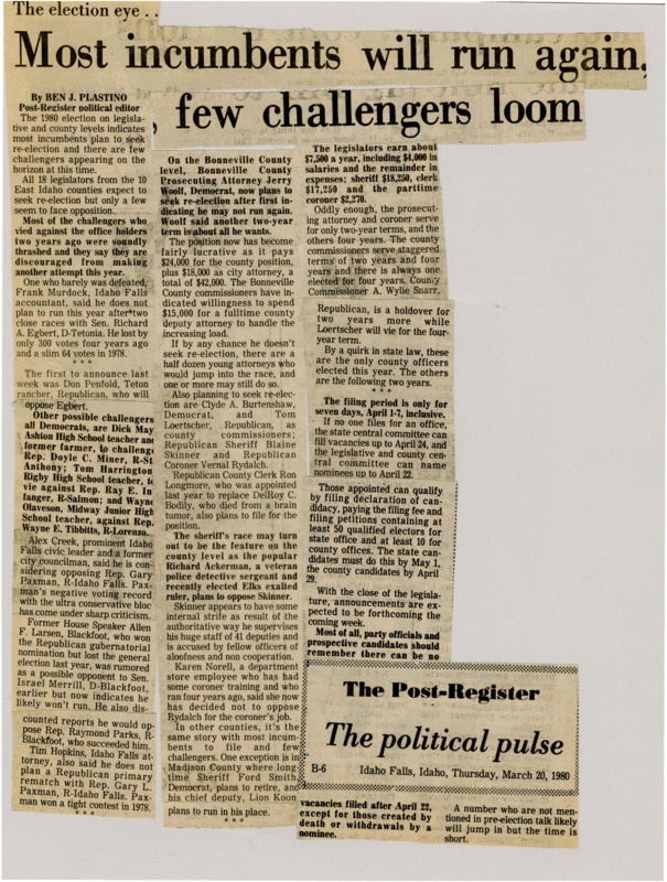 A newspaper article discussing the 1980 election in Eastern Idaho with few challengers and all incumbents are running again.