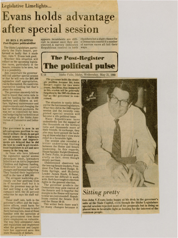 A newspaper article discussing Governor Evans perceived political prowess now being able to blame failings of state programs on the dysfunctional legislature. Image labeled "Sitting pretty."