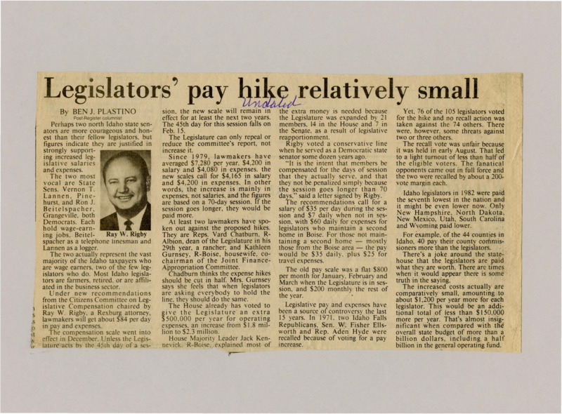 A newspaper article detailing a passed proposal to increase legislator salaries. Plastino criticizes the amount believing it should be higher. Image labeled "Ray W. Rigby"
