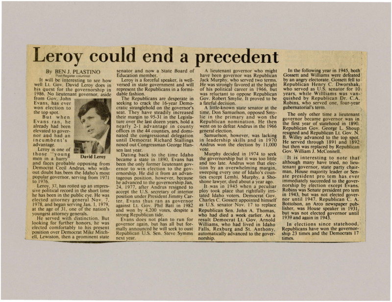 A newspaper article detailing how the Lt. governor of Idaho usually never wins the gubernatorial election. In the context of the current Idaho Lt. Gov. David Leroy is running against Cecil Andrus for governor. Image labeled "David Leroy"