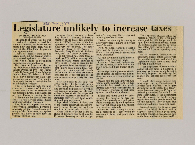 A newspaper article detailing the Republican controlled legislatures refusal to raise taxes in the face of a drastic deficit. The article warns that programs will most likely be cut severely to shore up funding instead, lest risking an emergency property tax.