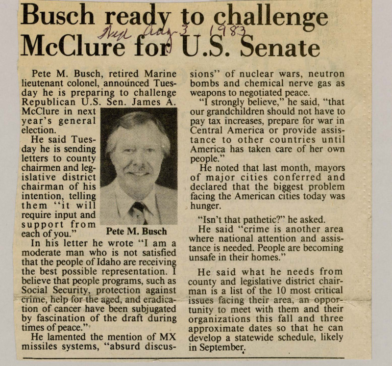 A newspaper article detailing Pete M. Busch's preliminary actions to run against Sen. James McClure. Image labeled "Pete M. Busch."