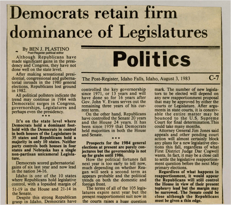 A newspaper article describing the hold that Democrats dominance in congress after the 1982 election yielding them victories. Republicans will have a small but significant chance to take back the houses after the 1984 election.