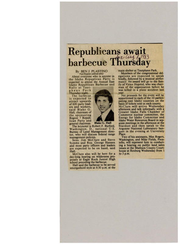A newspaper article discussing the Idaho Republican Barbeque and Rally. The rally will cover topics like public lands and ideas for Wilderness proposals. Image labeled "Blake G. Hall"