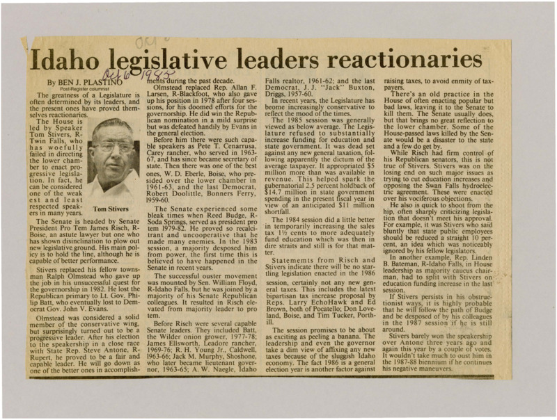 A newspaper article discussing House Speaker Tom Stivers positions and actions on recent policies. The article criticizes Stivers large cuts and philosophy on public employees. Image labeled "Tom Stivers."