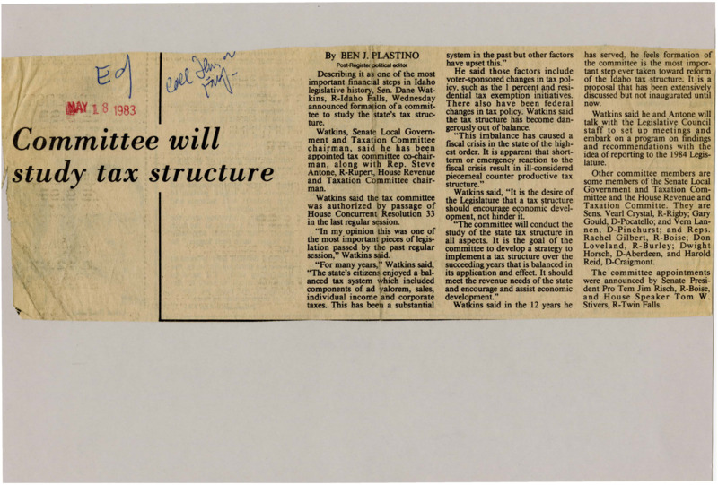 A newspaper article discussing the formation and purpose of the tax structure committee. The committee a creation of Sen. Dane Watkins who wanted to investigate and formulate an action plan for tax reform in Idaho. He commented that it's the most important financial steps in Idaho legislative history.