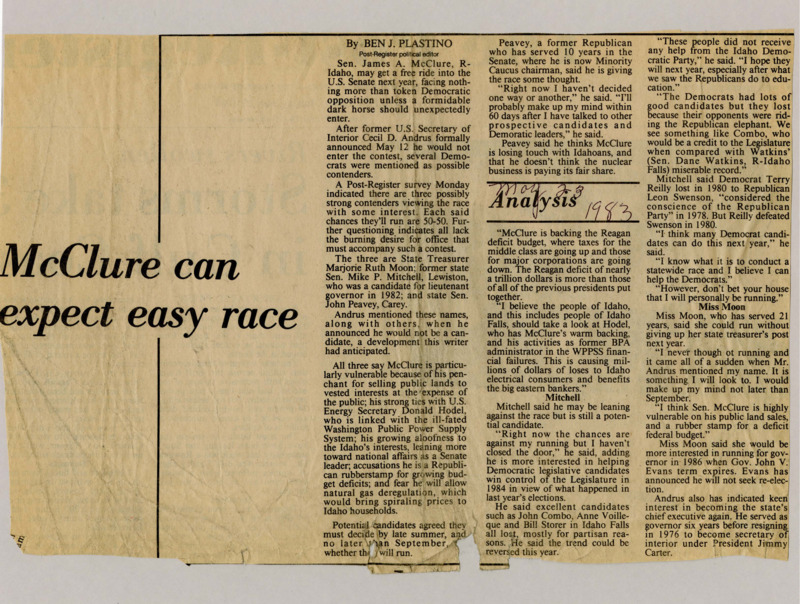 A newspaper article detailing Sen James McClure relatively easy race in the upcoming election. With Cecil Andrus choosing not to run against him McClure only has a token democrat challenger.