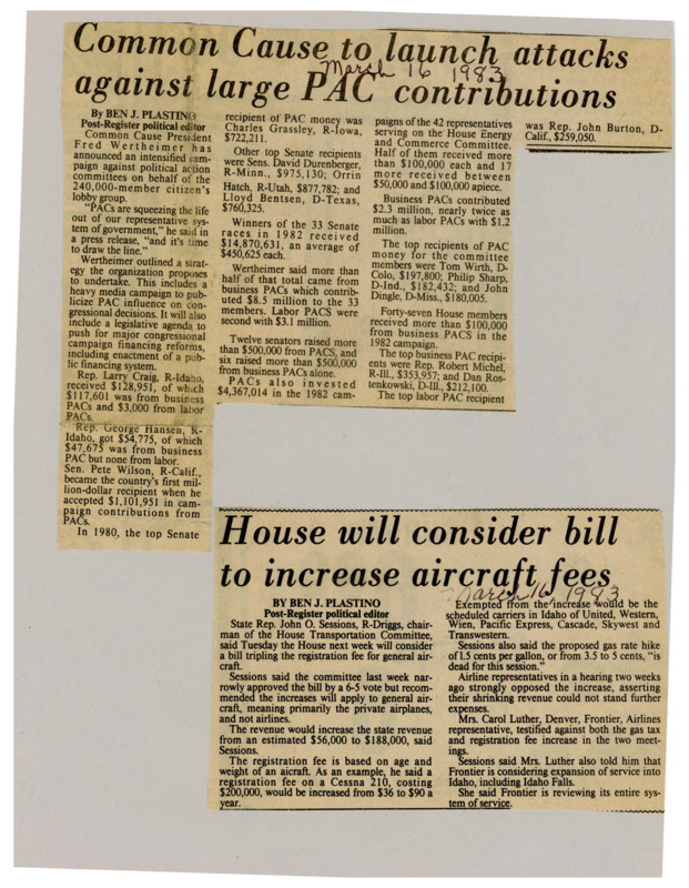 A newspaper article detailing John Sessions Chair of the Transportation committee supporting increasing fees for aircraft. Sessions also supported raising gas taxes.