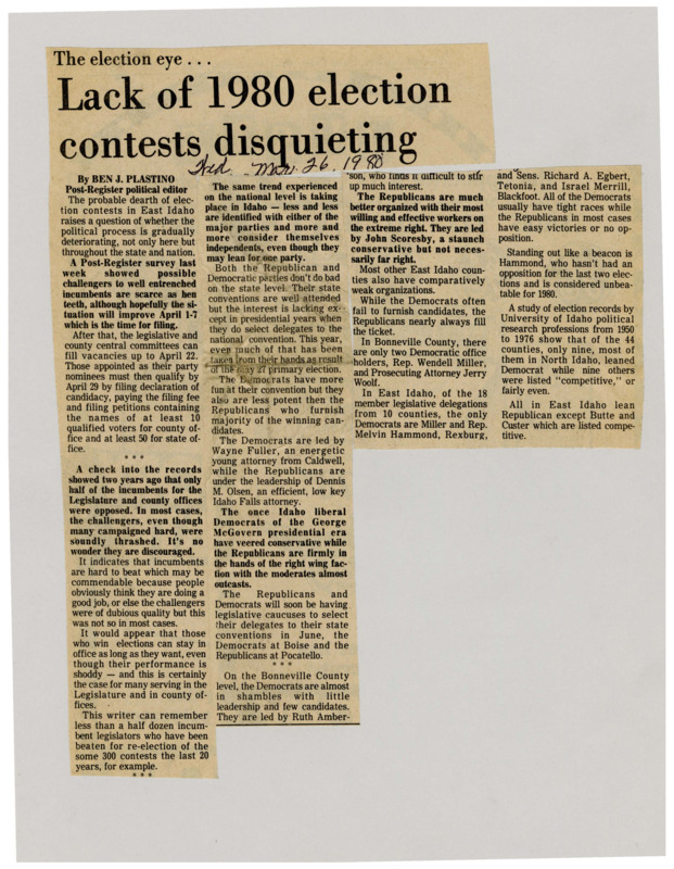 A newspaper article discussing the concerning lack of political contests in the 1980 election year. There's analysis on the different political factions in the legislature and their ideologies.