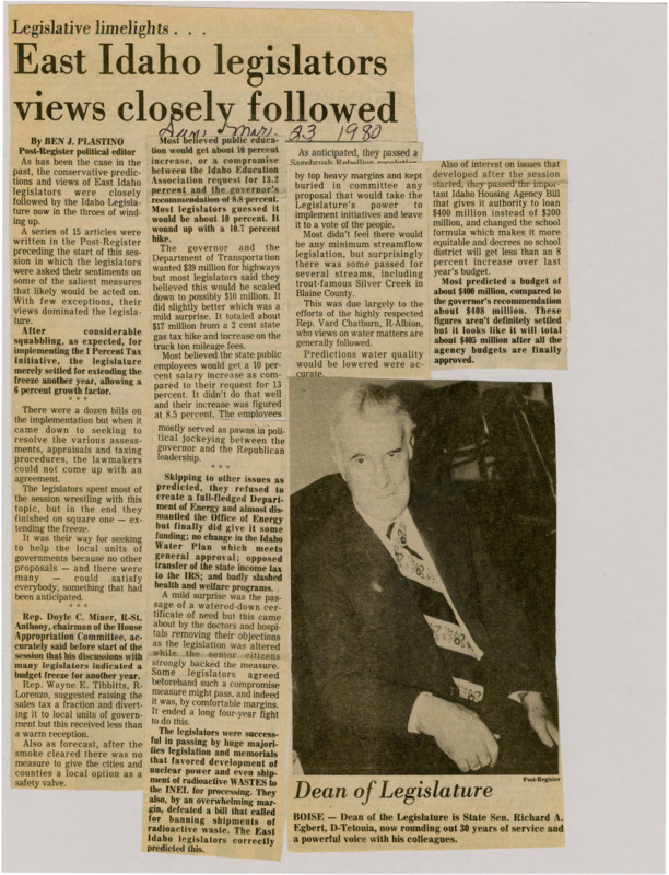 A newspaper article entailing the impact Idaho legislators are having on the legislature. From following policy recommendations to widespread support for continued nuclear development and failing a ban on shipments of nuclear waste.  Image labeled "Dean of Legislature."