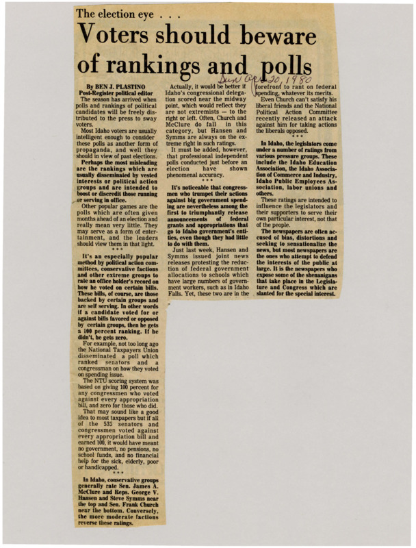 A newspaper article warning voters about rating agencies and polls, and that interest groups are simply trying to manipulate your vote. There's also a call to action for other newspapers to call out false polls and interest group backed ratings agencies.