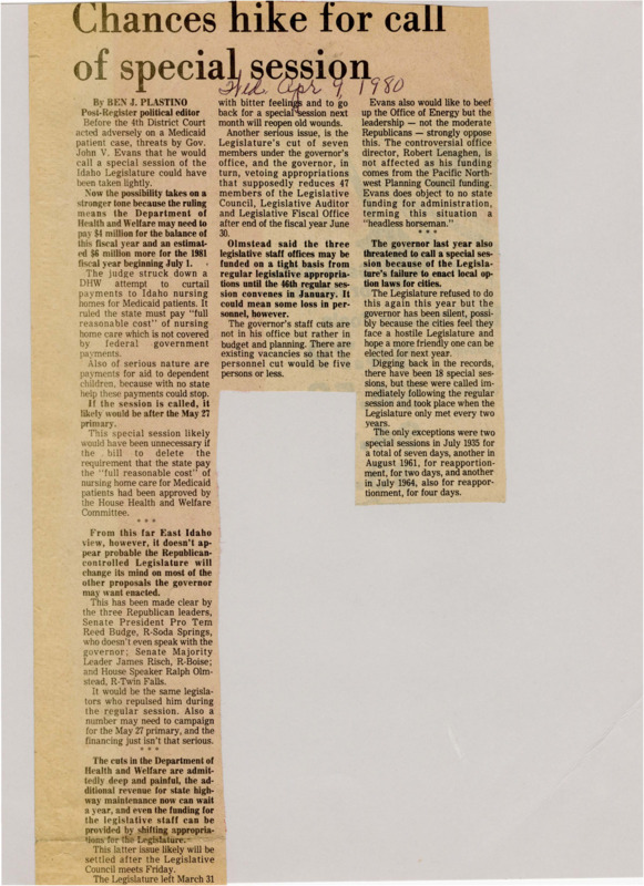 A newspaper article documenting the increased chance a special session is called. With major issues such as a court case about nursing home funding that implicates the department of health and welfare to pay 4 million.