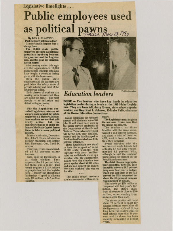 A newspaper article detailing the legislatures actions to underfund public employee salary increases forcing some to be fired. Plastino criticizes the Republicans actions against public employees and using them as pawns. Image labeled "Education leaders."