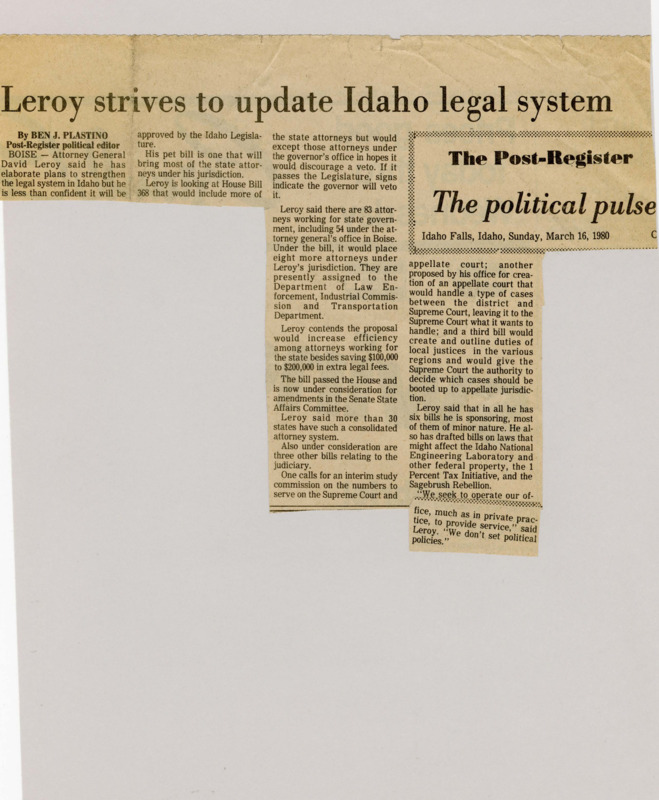 A newspaper article discusses AG David Leroy's efforts to consolidate state lawyers under the AG office.