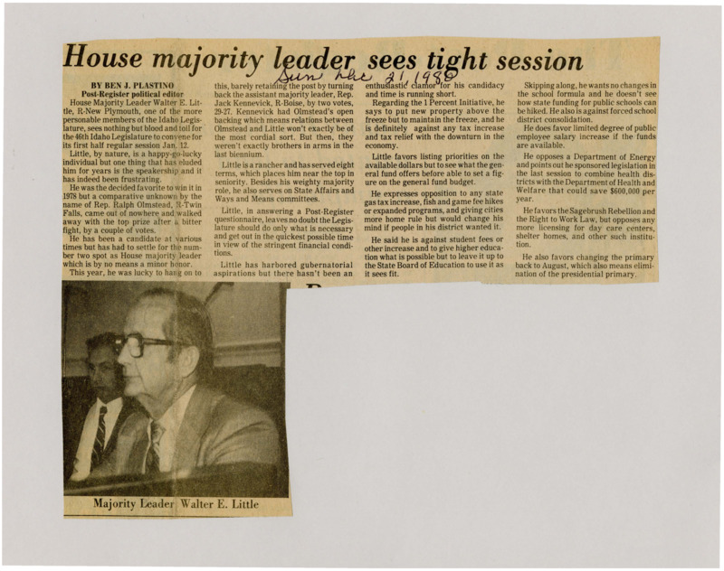 A newspaper article discussing House majority leader Walter E. Little's positions on several salient topics as well as his outlook for the 46th Idaho Legislature. Image labeled "Majority leader Walter E. Little."