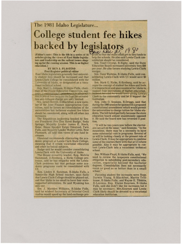 A newspaper article detailing the Eastern Idahoan Legislators views on higher education. All of the legislators approved of increasing fees to attend and some asked for studies into consolidating University of Idaho with Lewis and Clark.