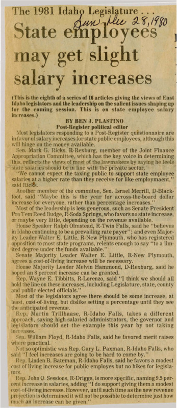 A newspaper article discussing a questionnaire where Idaho legislators answered if they support salary increases and if so how much. The consensus is a modest increase to account for cost of living adjustments.