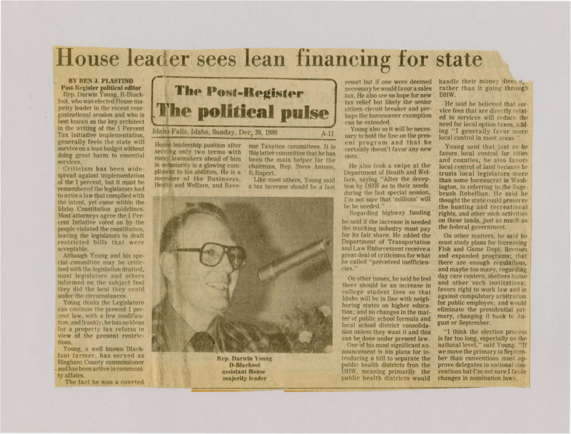 A newspaper article detailing Rep. Darwin Young's views on topics popular in Idaho's political scene. Image labeled "Rep. Darwin Young, D-Blackfoot, assistant House majority leader."