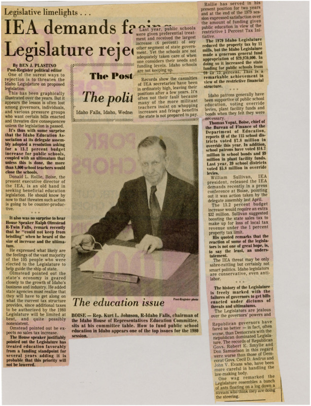 A newspaper article detailing legislator responses and actions to the IEA adopting a resolution asking for a 13.2 percent budget increase for public schools along with an ultimatum that if this is not done that more than 8,000 teachers would close the schools. The article also discusses Idaho public school funding in the past few years. Image labeled "The education issue."