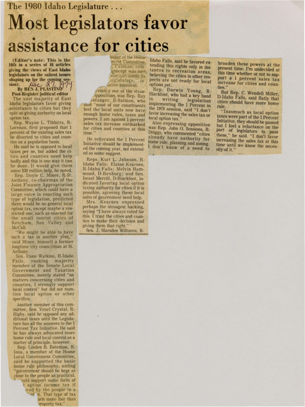 A newspaper article detailing how most Idaho legislators favor giving more assistance to cities but are largely split on how to do so. Suggestions include upping local option taxes or using the One Percent Tax Initiative.