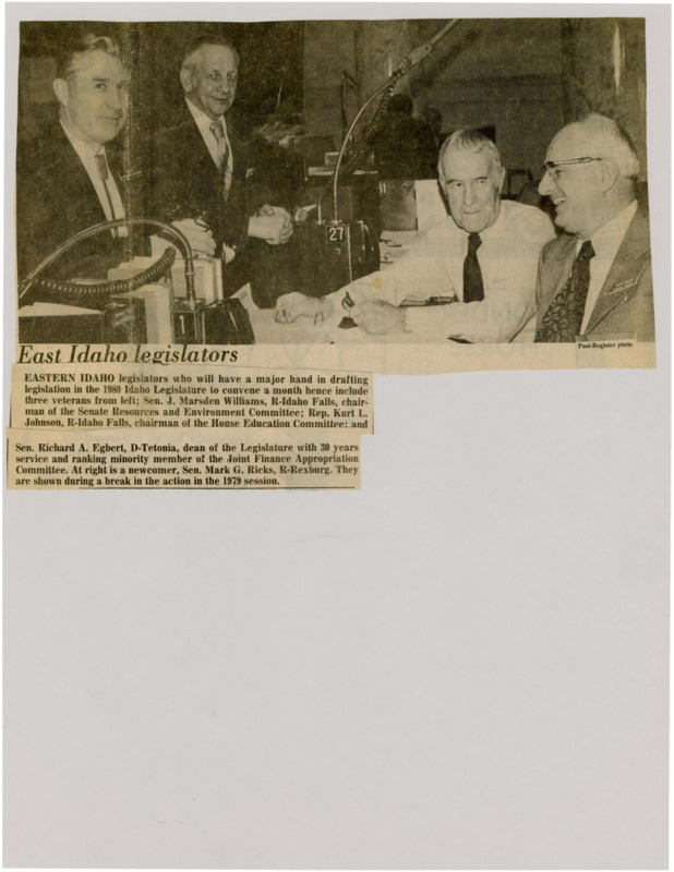 A newspaper article listing the legislators who will have a major hand in drafting legislation in the 1980 Idaho Legislature in a month. Image labeled "East Idaho legislators."