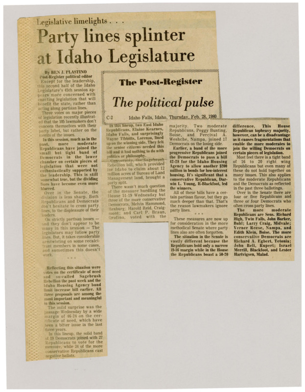 A newspaper article discussing the shift from partisan politics in the back half of the 1980 legislative session. Moderate republicans are moving with the democrats to pass more policy.