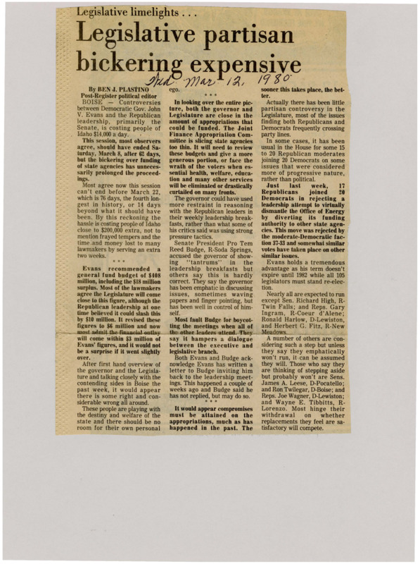 A newspaper article detailing how disagreements between Democratic Governor John V. Evans and Republican leadership is stalling sessions and therefore costing the people of Idaho $14,000 a day. Key points of contention include the general budget fund, state agency funding, appropriations, and the Office of Energy. Reed Budge boycotting meetings is also credited to hampering sessions.